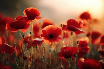 Fototapeta premium Bright red poppies grow in a vast field as the sun sets, casting warm light. The flowers sway gently in the breeze, showing their beauty and fullness in the soft evening glow