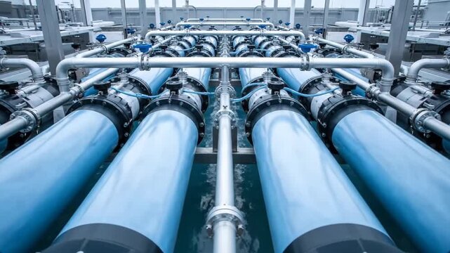 Close-up of a sophisticated industrial water treatment plant featuring numerous blue pipes and valves