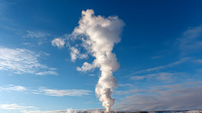 Majestic vertical plume of white steam or smoke dramatically rising into a clear blue sky with wispy clouds symbolizing industrial output or geothermal activity against a vast