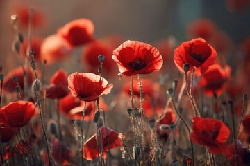 Obraz premium Bright red poppies grow in a vast field as the sun sets, casting warm light. The flowers sway gently in the breeze, showing their beauty and fullness in the soft evening glow