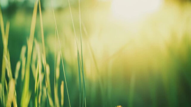 Golden sunbeams illuminate tall green grass and wheatlike stalks in a tranquil summer meadow, creating a warm, vibrant, softly glowing natural background of growth and calm