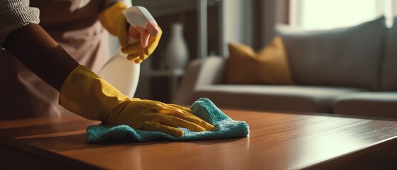 Person cleaning a wooden table in a cozy home.