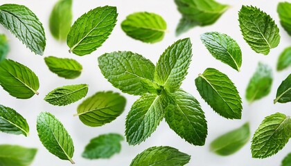 Fototapeta premium Falling Green Mint Leaves On Clear Background Fresh Herb For Food Drink Designs