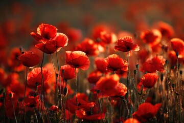 Obraz premium Bright red poppies grow in a vast field as the sun sets, casting warm light. The flowers sway gently in the breeze, showing their beauty and fullness in the soft evening glow