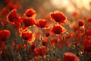 Bright red poppies grow in a vast field as the sun sets, casting warm light. The flowers sway gently in the breeze, showing their beauty and fullness in the soft evening glow
