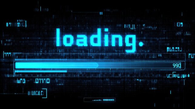 A digital loading screen with a progress bar at 99%, featuring futuristic blue binary code and text on a dark background.