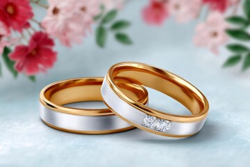 Gold and silver wedding rings with diamonds on light blue background
