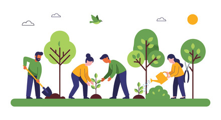 A group of people planting trees under a sun and clouds with a beautiful silhouette on transparent background high quality professional