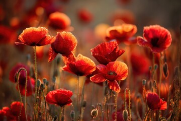 Fototapeta premium Bright red poppies grow in a vast field as the sun sets, casting warm light. The flowers sway gently in the breeze, showing their beauty and fullness in the soft evening glow
