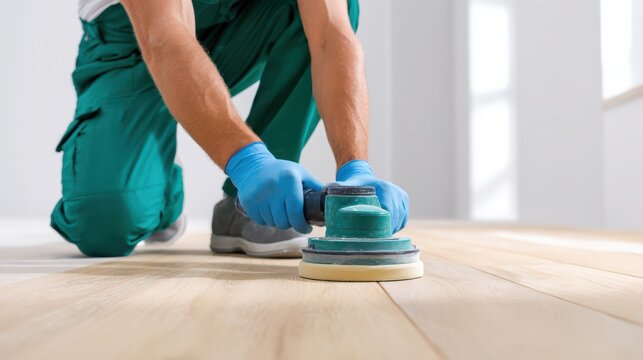 Worker in green pants and blue gloves polishing a wooden floor with a handheld floor buffer in a bright room.