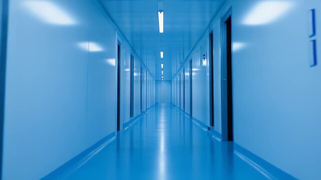 Long empty corridor with a bright blue tone in a modern facility, creating a sense of cleanliness, purity, and advanced technology in a medical or research environment