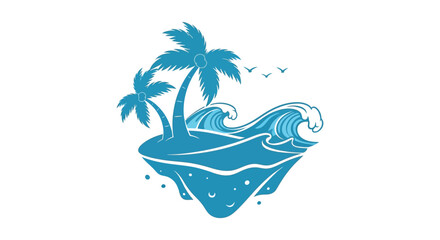 A vibrant blue tropical island with palm trees and ocean waves presented as a striking silhouette on transparent background high quality © mrvect02