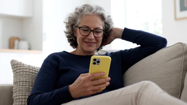 Happy Senior Woman with Grey Hair and Glasses Relaxing on a Comfortable Sofa while Browsing and Smiling at Content on her Yellow Smartphone.
