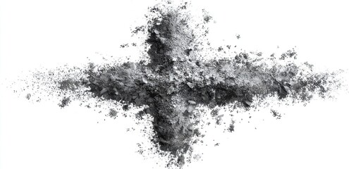 Obraz premium A black and white image featuring a textured cross shape created from a powdery substance, evoking themes of spirituality and transformation.