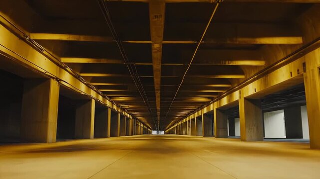 Empty concrete highway underpass with strong architectural lines and repeated symmetrical columns creating an endless perspective, illuminated by warm light reflecting on the surfaces