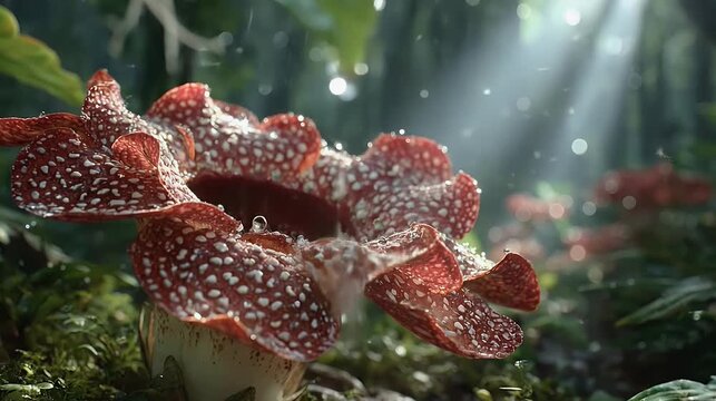 Dramatic close up of vibrant red rafflesia flower blooming in lush rainforest environment with spotted petals detailed textures and soft lighting