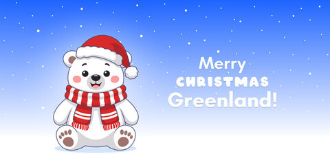 Vector cartoon of cute funny happy and cuddly little polar bear cub sitting in snow wearing Santa hat and red scarf. Merry Christmas Greenland. Winter snowy and cold. Holiday card, poster or banner © GAlexS