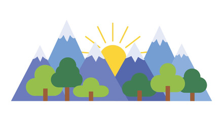 A stylized landscape featuring mountains trees and a radiant sun all presented as a silhouette on transparent background high quality professional © mrvect02
