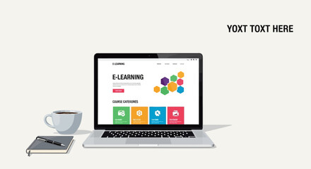 Modern laptop showing e-learning platform with colorful interface