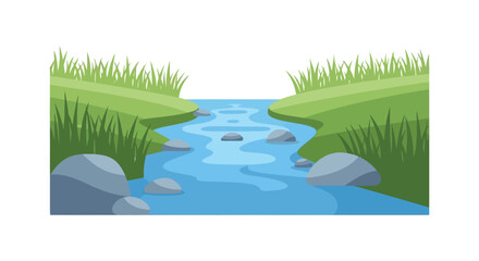 A cartoon illustration of a small stream flowing through a green landscape with rocks and grass on transparent background silhouette