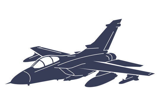 Minimalist monochrome vector of a modern combat aircraft viewed from an angled perspective. Bold silhouette style emphasizing sleek military aviation design. Panavia tornado aircraft.