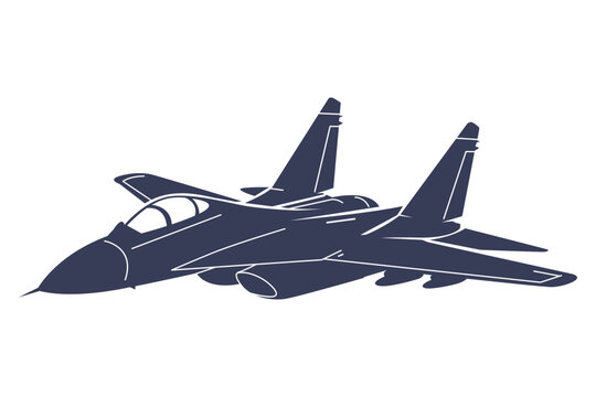 Oblique angle silhouette stealth aircraft in isometric style. Minimal black and white vector artwork with clean monochrome lines. Modern military jet MIG 29 from russia.