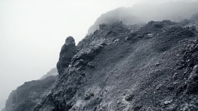 Rugged rock formations define a dramatic, desolate mountain landscape, with dense mist and fog creating an atmosphere of mystery and an epic sense of scale in the outdoor environment