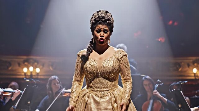 Opera singer performs on stage with orchestra under spotlights.