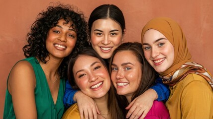 Obraz premium Diverse group of smiling women embracing each other warmly