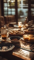 Fototapeta premium Middle Eastern style breakfast and tea spread on a wooden table in warm afternoon sunlight