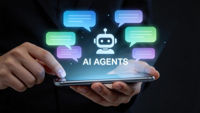 AI agent chatbot interface on a mobile phone with colorful speech bubbles, symbolizing digital communication and intelligent virtual agents