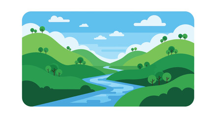 A serene landscape illustration featuring rolling green hills a winding river and fluffy clouds on transparent background silhouette high quality professional © mrvect02