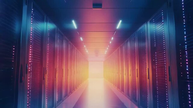 Server racks form a glowing tunnel in a modern data center, showcasing high density infrastructure, cloud computing, network connectivity, and futuristic digital operations