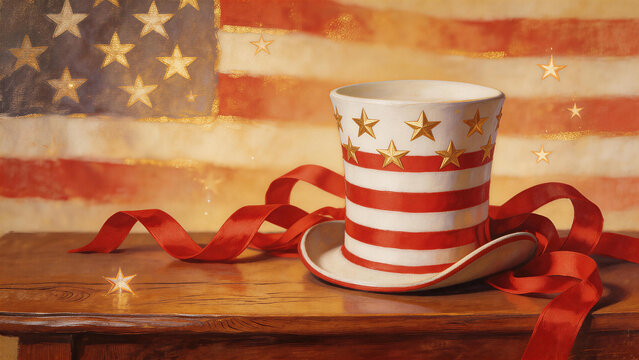 Vintage Uncle Sam top hat with red stripes and golden stars, placed on wooden table. American flag backdrop with red ribbon, festive glow and stars.