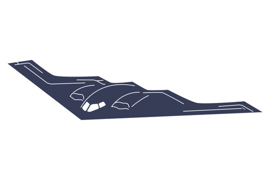 Oblique angle silhouette stealth aircraft in isometric style. Minimal black and white vector artwork with clean monochrome lines. Modern military jet B2 spirit from united states.
