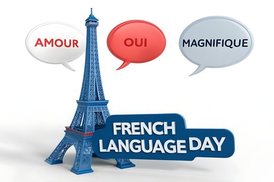 French Language Day Graphic With Eiffel Tower, Speech Bubbles Saying Amour Oui Magnifique Celebrating Francophone Culture

