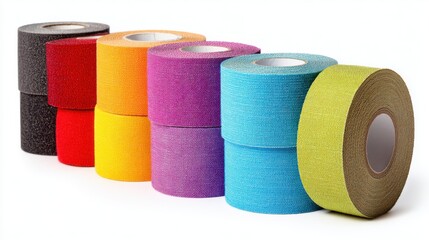 Colorful adhesive sports tape rolls isolated on white background representing medical support physiotherapy fitness healthcare product concept