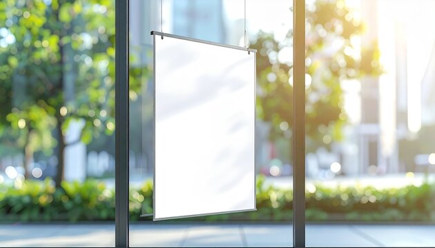 Vertical blank hanging display sign mockup template on a modern glass window frame with natural outdoor garden bokeh background and bright sunlight . space to design and perfect any project.