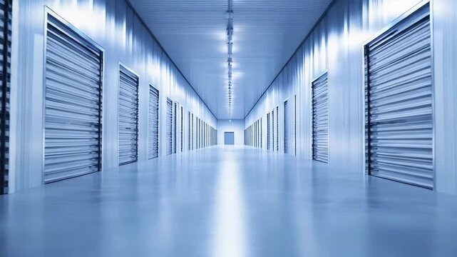 Long, symmetrical corridor of a self storage facility, featuring rows of private locker doors and bright blue artificial lighting, creating a clean and secure environment