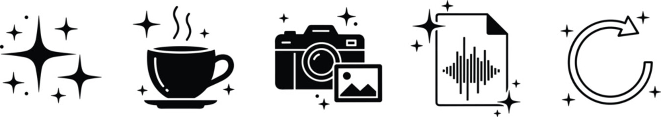 Digital utility icons set, sparkling magic stars coffee cup camera photo sound file refresh arrow, cad drawing flat vector illustration, © Hello Wolrd