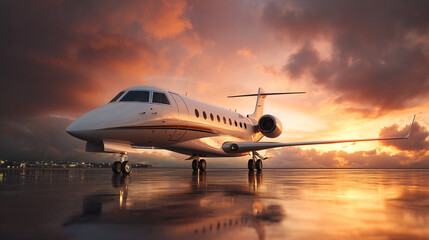 Obraz premium A white private jet parked on a runway at sunset with cloudy skies