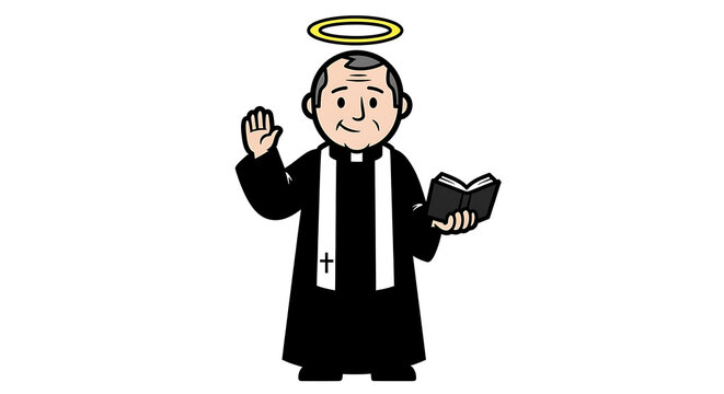 Cartoon priest holding a book and blessing with a halo above his head in a simple illustration
