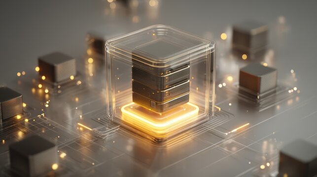 A sleek transparent shield surrounding a glowing server core visualizing cybersecurity layers in real time Faint fog and
