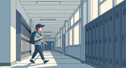 Fototapeta premium Young Student Walking Down School Corridor.