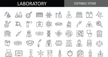 Laboratory icon set with scientific research equipment, medical diagnostic tools, chemistry glass chemistry, biology and healthcare line icons for pharmaceutical development, biotech analysis, and saf © SHEKMDABDUL