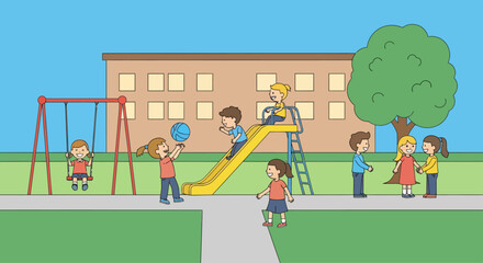 Children Playing on Playground Equipment Outside.