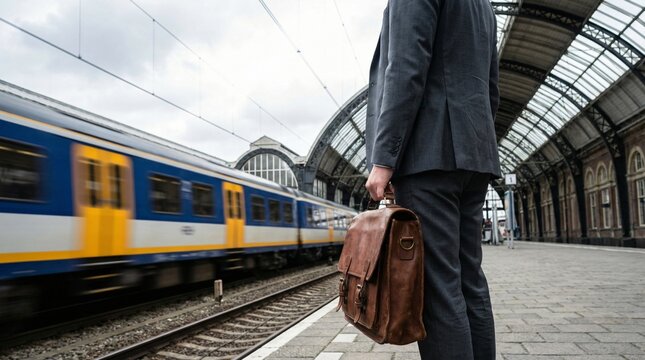 A businessman with a suitcase is walking along the urban subway station platform while waiting for his city travel trip on the railway train