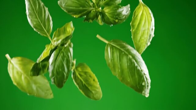 Fresh green basil leaves falling in slow motion against a vibrant green screen. Ideal for cooking and healthy food.