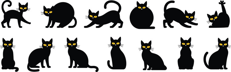 Black cat silhouette set collection, cute cartoon feline characters with yellow eyes in different poses isolated on white background © LITON WORLD