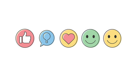 Flat line icon set of social media reactions and customer feedback symbols on white background